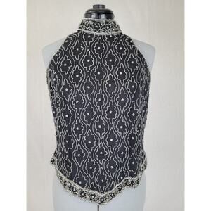 Vintage 1990s Marina Silk w Silver Beads Great Gatsby Sleeveless Blouse Sz S